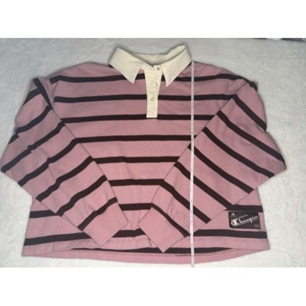 Champion Women’s XL Pink Brown White Striped Long Sleeve Button Polo Shirt. A032